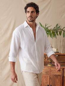 glestore Men's Vintage Old Money Style Textured Button White Shirt Four Seasons Casual Versatile Style - White - View 3