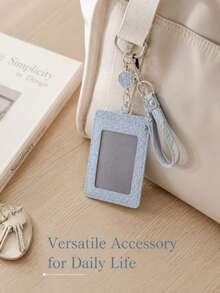 Business Casual Blue Denim Texture Transparent Window ID Badge Holder With Wrist Strap, Portable PU Leather Card Holder, Women's Style - Multicolor - View 8