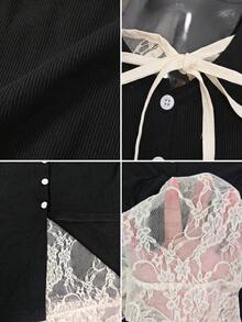 Korean Style Lace Patchwork Short Sleeve Blouse, Fitted & Slimming Design, Unique & Summer Top Black - Black - View 9