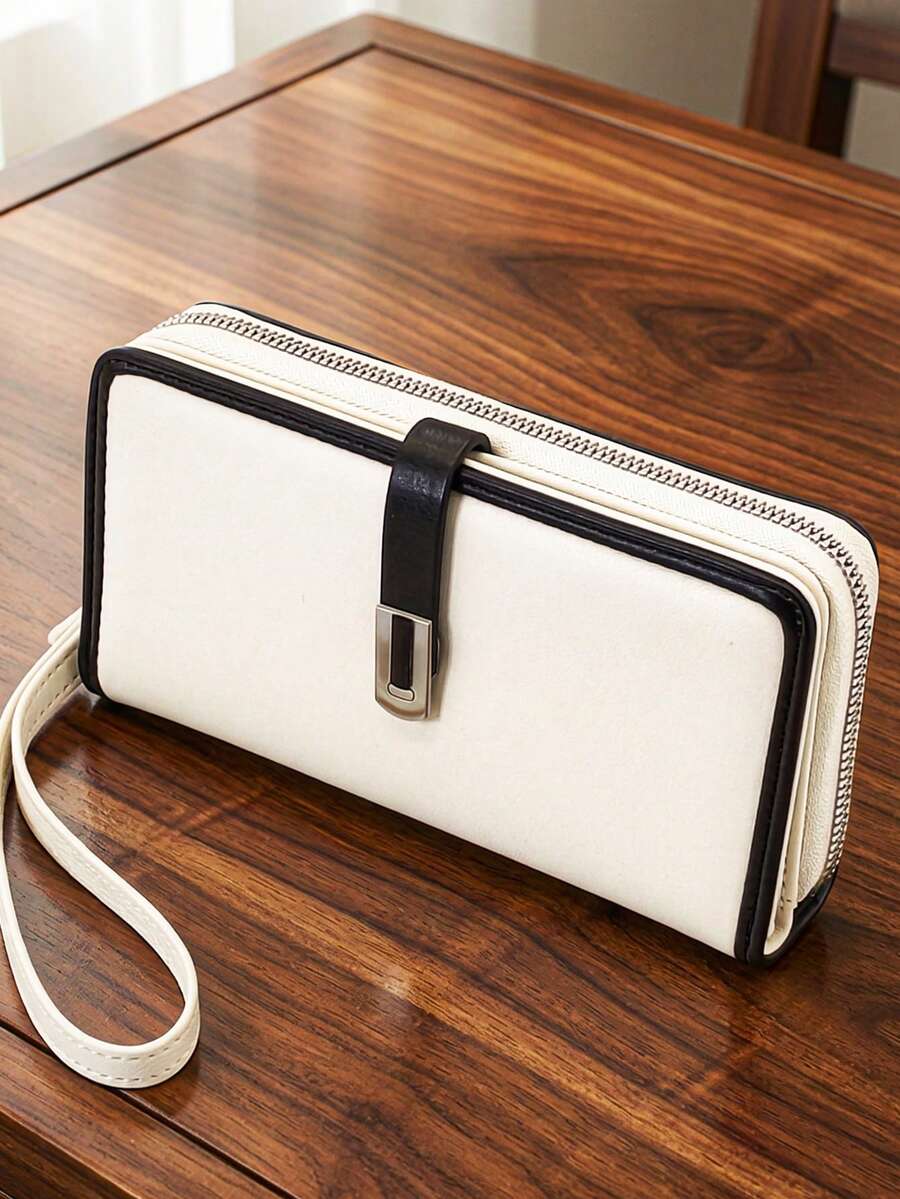 Women's Mini Handheld Phone Wallet, Exquisite Snap Closure, Colorblock Patchwork, Soft PU Long Wallet, Multi-Functional Large Capacity ID Card Holder, Zipper Coin Purse, Lightweight And Fashionable - Black and White - View 1