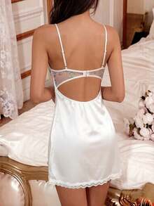 Women's French Embroidery Lace Camisole Nightgown, Sexy Hollow Side Slit Ice Silk Pajamas + Thong Loungewear Set - White - View 6