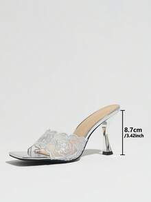 Jin Bei Qi Women's Silver Floral Lace Embroidered Mule High Heel Sandals, Square Toe Open Toe Kitten Heel Wedding Party Outdoor Wear High Heel Slippers, Glamorous Party High Heels, Bridal Bridesmaid Shoes 9cm - Silver - View 3