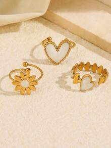 3pcs Stainless Steel Gold-Tone Elegant Versatile Geometric Enamel White Flower Rings Set, Suitable For Women's Daily, Holiday, Date, Shopping Wear - Multicolor - View 3
