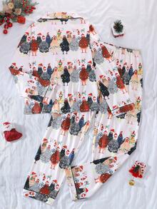 2pcs Women's Pajama Set, Gift 2-Piece Set, Lapel Button Long Sleeve, Loose Elastic Long Pants, Suitable For All Seasons, Home Wear, Outdoor Wear, Comfortable And Loose, New Full Print Pattern - Apricot - View 2