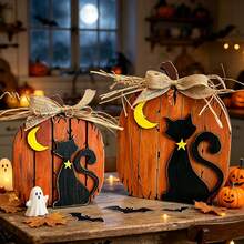1/2pcs 3D Wooden Pumpkin & Black Cat Figurine Set, Vintage Halloween Desktop Decor, Freestanding Pumpkin Cat With Burlap Bow, Suitable For Tiered Tray, Fireplace Mantel, Indoor Home Party Decoration - Multicolor - View 6