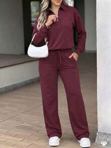 LUNNELUX Women Fall Burgundy Knit 2 Pieces Outfits, Half Zip Collar Long Sleeve Top & Drawstring Wide Leg Pants Set Halloween Travel Daily Tracksuit - Burgundy - View 4