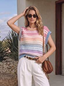 NiceArt Women's Autumn/Winter Rainbow Gradient Striped Knit Vest, Hollow Cap Sleeve Fuzzy Layering Knit Top, Autumn Outfit, Social, Halloween - Multicolor - View 9