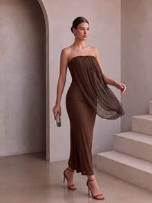 Halloween Party Ball Gown, Autumn Wedding Guest Dress, Strapless Draped Fitted Mid-Length Evening Party Wear - Brown - View 5