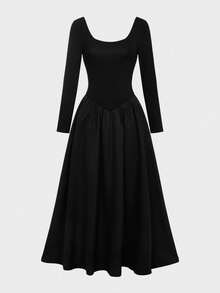 QUNGIGU Elegant Women Square Neck Maxi Dress Long Sleeve Cinched Waist Flared Hem For Fall Winter Going Out Dating Daily Wear - Black - View 8