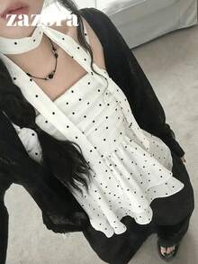 波點荷葉邊無袖上衣 甜美酷女孩細肩帶繫帶寬鬆背心 夏日休閒白色女裝 - 白色 - 查看 9