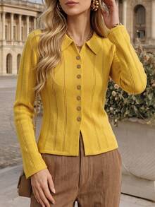 DONICY Women Elegant Outfit Autumn Winter Polo Collar Knit Cardigan, Vertical Stripe Slim Short Button Down Long Sleeve Top - Mustard Yellow - View 7
