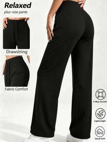 Plus Size Women's Drawstring Wide Waist Wide Leg Sports Pants, Tummy Control Draped Loose Full Length Fitness Casual Straight Leg Pants - Black - View 4
