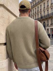 Lookun Men's New Autumn/Winter Casual Loose Minimalist Solid Color Waffle Knit Warm Tone Korean Style Versatile Commuter Button Polo Collar Cardigan Long Sleeve Knit Jacket - Apricot - View 3