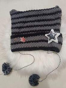 1pc Punk Gothic Y2K Cute Black & White Striped Cat Ear Knit Beanie, Women's Warm Crochet Demon Hat, Autumn/Winter - A - View 15
