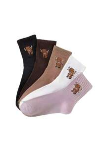 5 Pairs Fun Cartoon Cow Jacquard Mid-Calf Women's Socks, Vintage Marrone Color Palette Striped Socks, Personalized Casual Slouch Socks - Multicolor - View 2