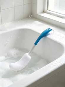 1pc Blue & White Ergonomic Long Curved Handle Bath Brush, Nylon Mesh Exfoliating Body Brush With Hanging Loop, Gentle Foaming Back Scrubber For Bathroom Shower Daily Home Use - Multicolor - View 5