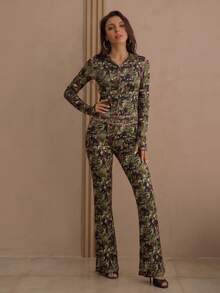 Spring Camouflage Pattern Casual Zip-Up Hoodie And High Waist Flared Pants 2 Pieces Outfit, Streetwear Sports Suit - أخضر - مشاهدة 1