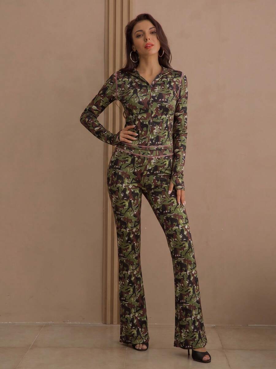 Spring Camouflage Pattern Casual Zip-Up Hoodie And High Waist Flared Pants 2 Pieces Outfit, Streetwear Sports Suit - أخضر - مشاهدة 1