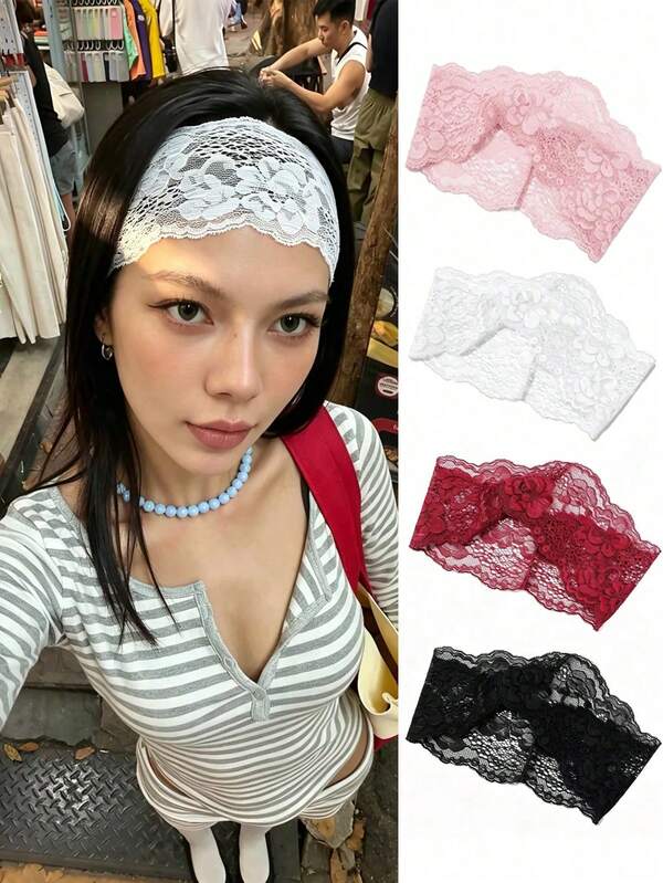 4pcs Women's Lace Headband, Suitable For Daily Wear, Summer Hair Accessory, Vacation Beach Style Fashion Headband