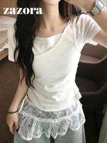 Kaos Lengan Pendek Wanita Gaya Korea Musim Panas dengan Bahu Asimetris, Model 2 in 1, Slimming, Serbaguna, dan Patchwork, Warna Putih Kasual - Putih - View 3