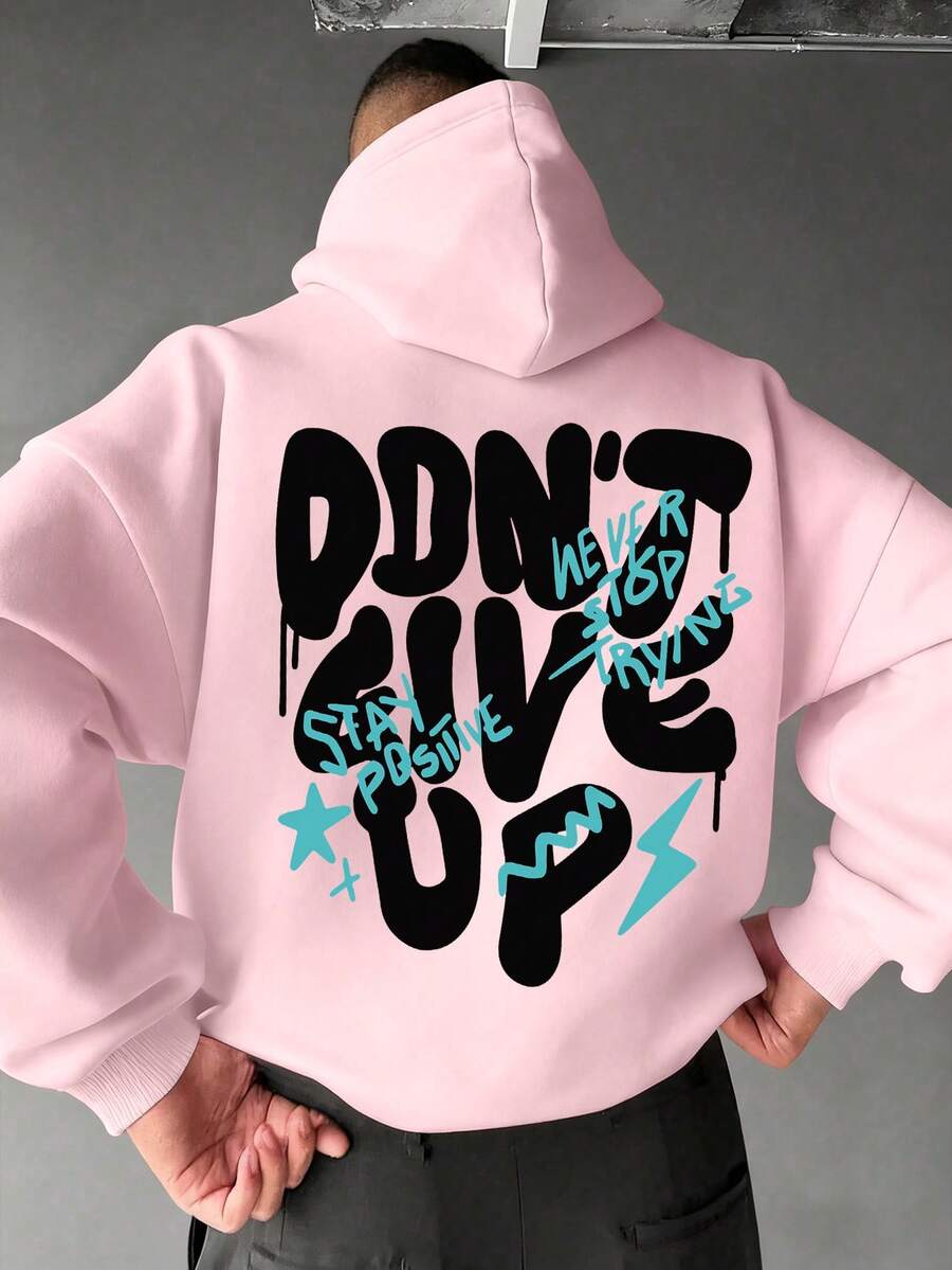 男士秋冬休閒時尚「Don't Give Up」標語印花袋鼠口袋抽繩連帽抓絨衛衣 - 粉色 - 查看 1