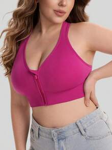 Women Plus Size Seamless Front Zip Y-Back Cutout Layering Bralette Lounge Sleep Fitness Activewear - Hot Pink - View 5