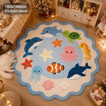 1pc New Velvet Wavy Edge Ocean Animal Round Rug, Dolphin Octopus Sea Turtle Cartoon Print Floor Mat, Living Room Bedroom Atmosphere Decor Foot Mat, Skin-Friendly Machine Washable Home Rug, Suitable For Bedroom Bedside And Bay Window, Create Warm Healing Home Decor Atmosphere, Decorative Rug, Bedroom Decor, Small Rug, Rug, Home Decor, Living Room Rug, Living Room Small Rug, Bedroom Rug, Living Room Home Decor, Outdoor Rug, Washable Rug - Multicolor - View 1