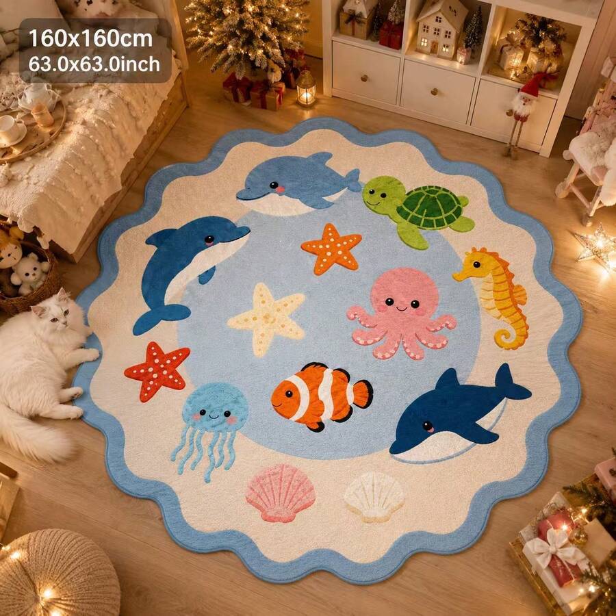 1pc New Velvet Wavy Edge Ocean Animal Round Rug, Dolphin Octopus Sea Turtle Cartoon Print Floor Mat, Living Room Bedroom Atmosphere Decor Foot Mat, Skin-Friendly Machine Washable Home Rug, Suitable For Bedroom Bedside And Bay Window, Create Warm Healing Home Decor Atmosphere, Decorative Rug, Bedroom Decor, Small Rug, Rug, Home Decor, Living Room Rug, Living Room Small Rug, Bedroom Rug, Living Room Home Decor, Outdoor Rug, Washable Rug - Multicolor - View 1