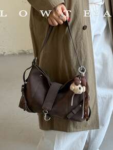 low tea 1pc PU Fabric Shoulder Bag With Buckle, Suitable For Commuting, Shopping, Etc. (With Pendant) - Coffee - View 9