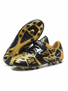 1 Pasang Sepatu Sepak Bola Motif Kamuflase Hitam & Emas, Paku Panjang, Anti Selip Cepat, Penutup Velcro, Mudah Dipakai/Dilepas, Ringan & Bernapas (Pola & Warna Kamuflase Asimetris pada Bagian Atas) - emas hitam - View 3