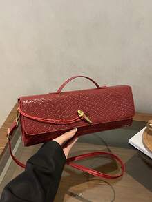 Women's Vintage Minimalist Faux Woven Texture Angora Red Retro Flap Lock Large Capacity Clutch Bag - Red - View 7