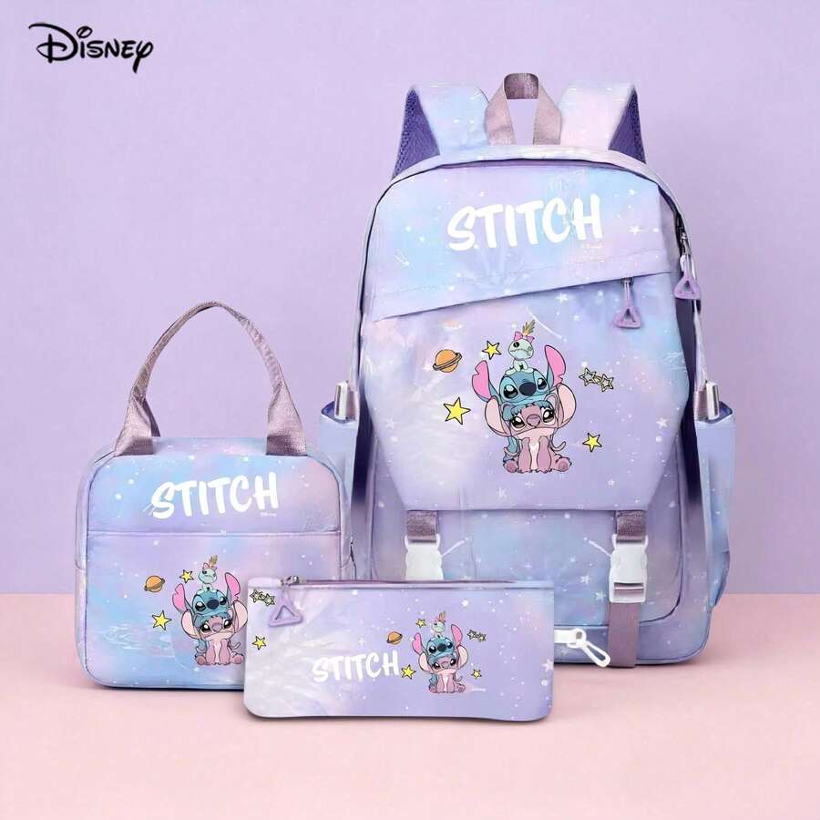 Miniso Disney Stitch & Angel 3件套學生背包組,包含背包、保溫便當袋和鉛筆袋,可愛 Lilo & Stitch 印花,適合男孩女孩的開學禮物 - 紫色 - 查看 1