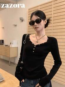 2026 Spring Women's Riveted V-Neck Long Sleeve T-Shirt, Slim Fit Layering Top Casual Black - Black - View 9