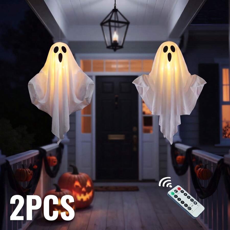 2 Pack Halloween Light Up Ghost Decorations, Battery Operated Flying Hanging Ghosts Glowing Led Lights Remote Control 8 Lighting Modes Floating Swinging Yard Garden Porch Outdoor Indoor Decor - View 1