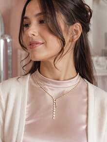 outingfit 1pc New Y-Shaped Tassel Necklace, European And American Fashion Water Drop Rhinestone Collarbone Chain, Women's Accessory - Gold - View 2