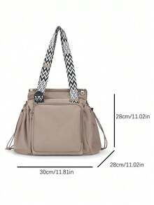 Geometric Woven Tote Bag With Wide Strap, Multi-Compartment Large Capacity For Tablet, Water Bottle And Personal Items, Zipper And Drawstring Closure, Casual Commuter Style, Multi-Pocket Shoulder Bag For Women, School, Travel And Daily Use - Khaki - View 2
