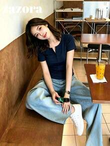Navy Blue Thin Low Neck Short Sleeve T-Shirt Women Korean Style Fitted Cropped Top - Navy Blue - View 4