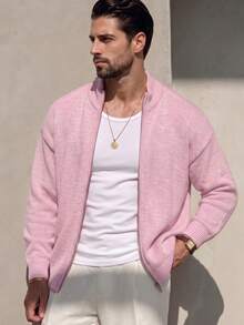 Autumn/Winter New Solid Color High Collar Unisex Elegant Zip-Up Cardigan, Commuting Casual Long Sleeve Knit Sweater - وردي - مشاهدة 5