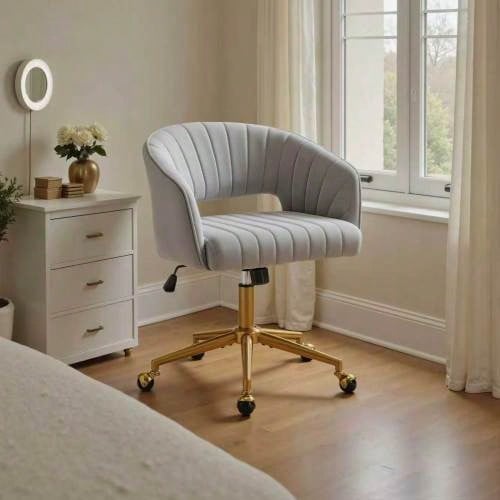 HengMing Home Office Desk Chair With Velvet Upholstery, Decorative Armchair With Armrests, 1 Piece - Light Grey - View 1