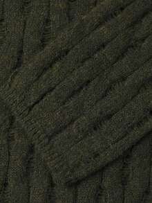 NiceArt Vertical Striped Distressed Knit Top, Winter Retro Casual Dark Green Drop Shoulder Long Sleeve Sweater, Autumn Outfit, Christmas, Halloween - Green - View 5
