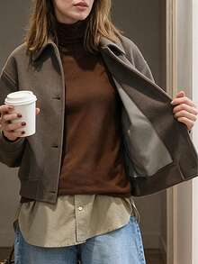 Notch Collar Wool Ribbed Hem Jacket, Casual Daily Home Street Travel Coat, Fall Winter - Coffee Brown - View 2