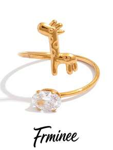 Frminee 1pc Gold-Tone Giraffe Open Ring, Adjustable Stainless Steel Animal Statement Ring With Oval Crystal, Cute Fashion Jewelry Gift For Women - Multicolor - View 4