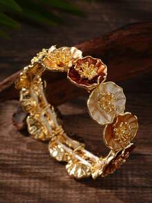 Cring Coco 1 pieza Brazalete de flor de estilo vintage esmaltado para mujer, accesorio elegante de brazalete floral chapado en oro, accesorio de nicho para uso diario, fiesta y regalos de vacaciones - flores - Ver 6