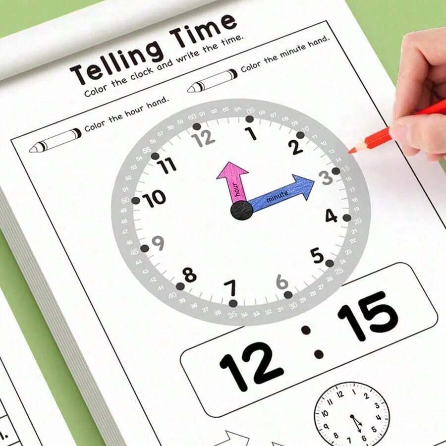1Pc 32P Clock Reading Workbook Telling Time To Hour Half Hour Analog Digital Time Practice Book For Kids Toddlers Early Learning Homeschool Supplies Halloween Decor Christmas Gift All Styles Shipped Randomly - Multicolor - View 1