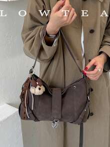 low tea 1pc PU Fabric Shoulder Bag With Buckle, Suitable For Commuting, Shopping, Etc. (With Pendant) - Coffee - View 6