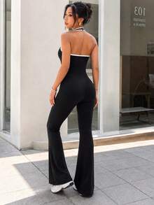 Women's Halter Neck Flare Jumpsuit, Ruched Keyhole Cutout, Open Back, Contrast Trim, Slim Fit Yoga Workout Activewear Bodysuit - Black - View 6