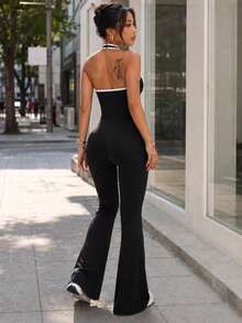 Women's Halter Neck Flare Jumpsuit, Ruched Keyhole Cutout, Open Back, Contrast Trim, Slim Fit Yoga Workout Activewear Bodysuit - Black - View 2