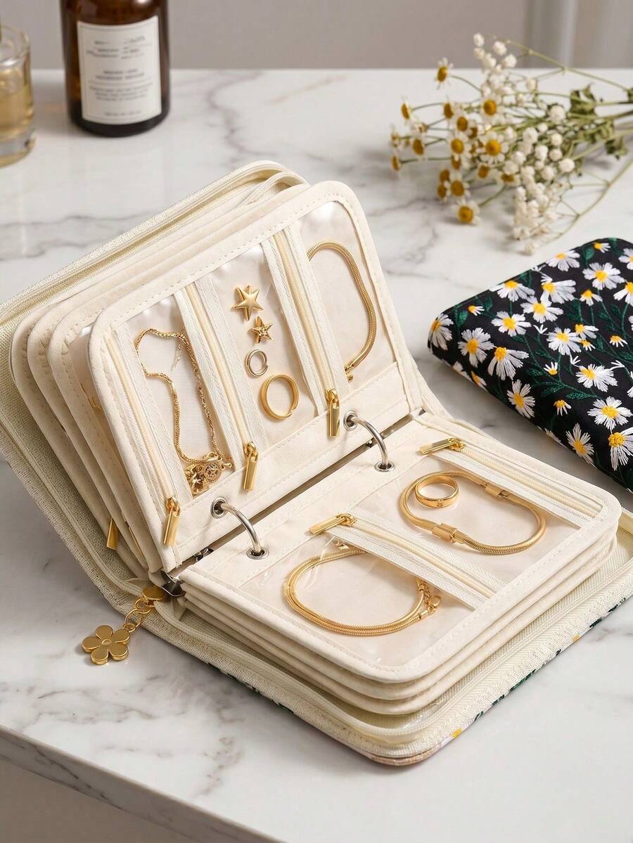 Portable Embroidered Travel Jewelry Organizer Book Removable Storage Pages With Clear Zipper Pouches Back To School Travel Essentials, Jewellery Box