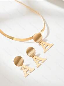 3pcs/Set Minimalist Personalized Snake Chain With Letter A Pendant Necklace & Earrings Set, Suitable For Daily Wear, Holiday Gift - Golden - View 2