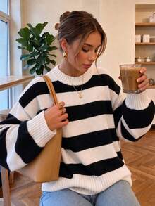 Women's Classic Black And White Striped Loose Sweater, Versatile Knit Top For Daily Commute, Outerwear And Layering Fall - Black and White - View 1